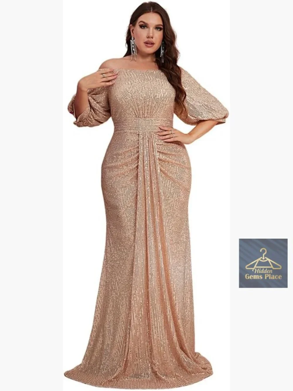 Plus Size Off Shoulder Puff Sleeve Sequin Maxi Dress Formal Evening Gown - Picture 1 of 6